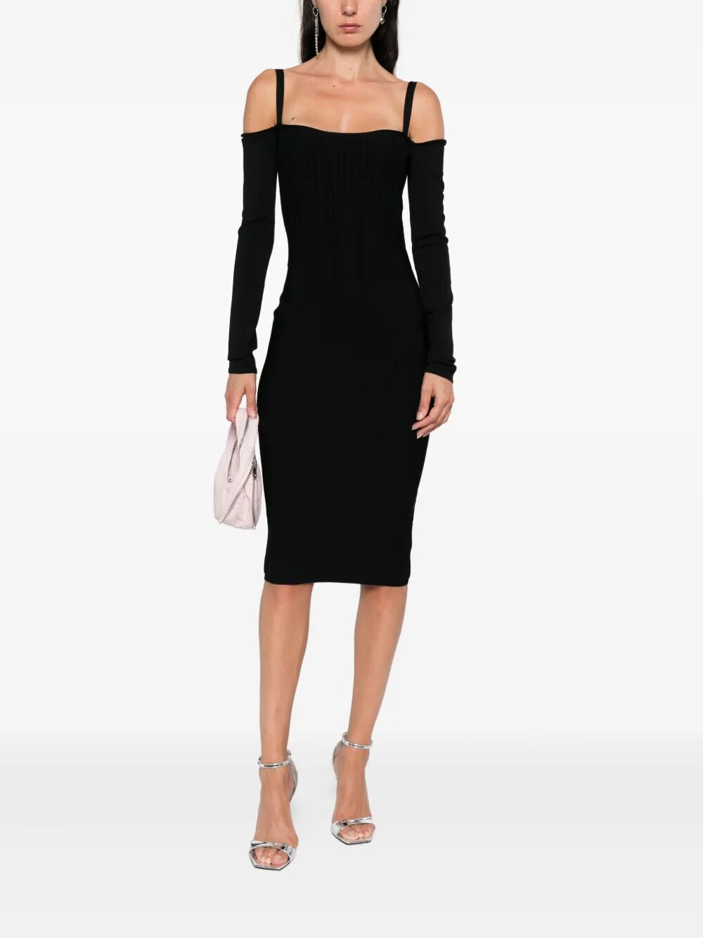MUGLER Off Shoulder Long Sleeve Midi Dress