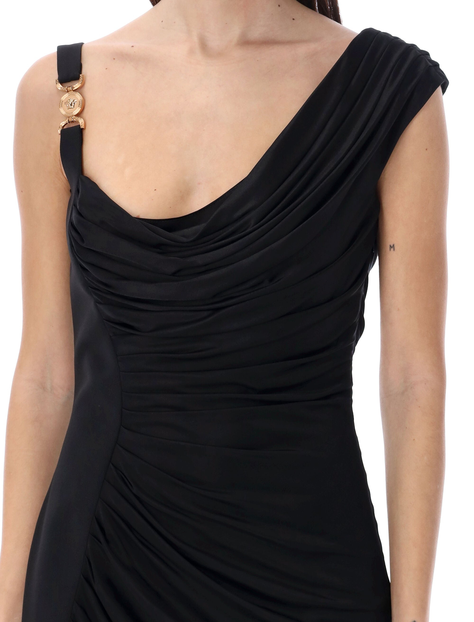 VERSACE Asymmetric Draped Mini Dress with Vintage Hardware, Size 40