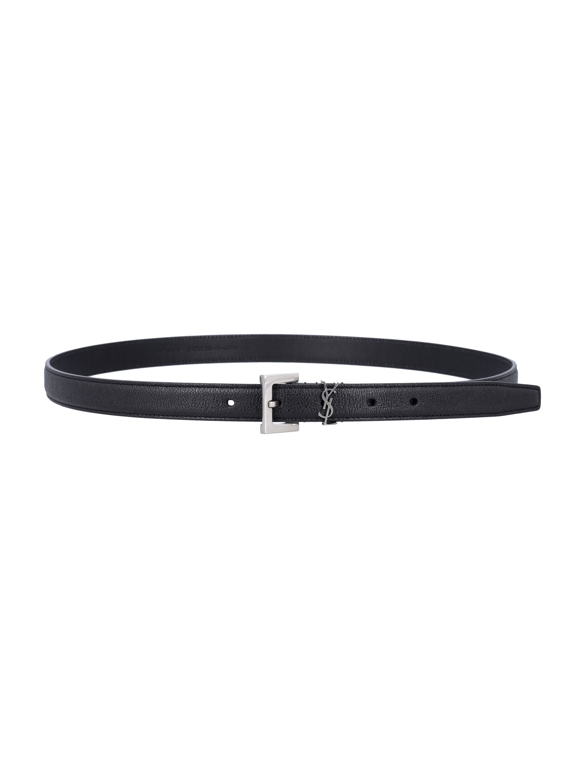 SAINT LAURENT Squared Buckle Smooth Leather Cassandre Thin Belt