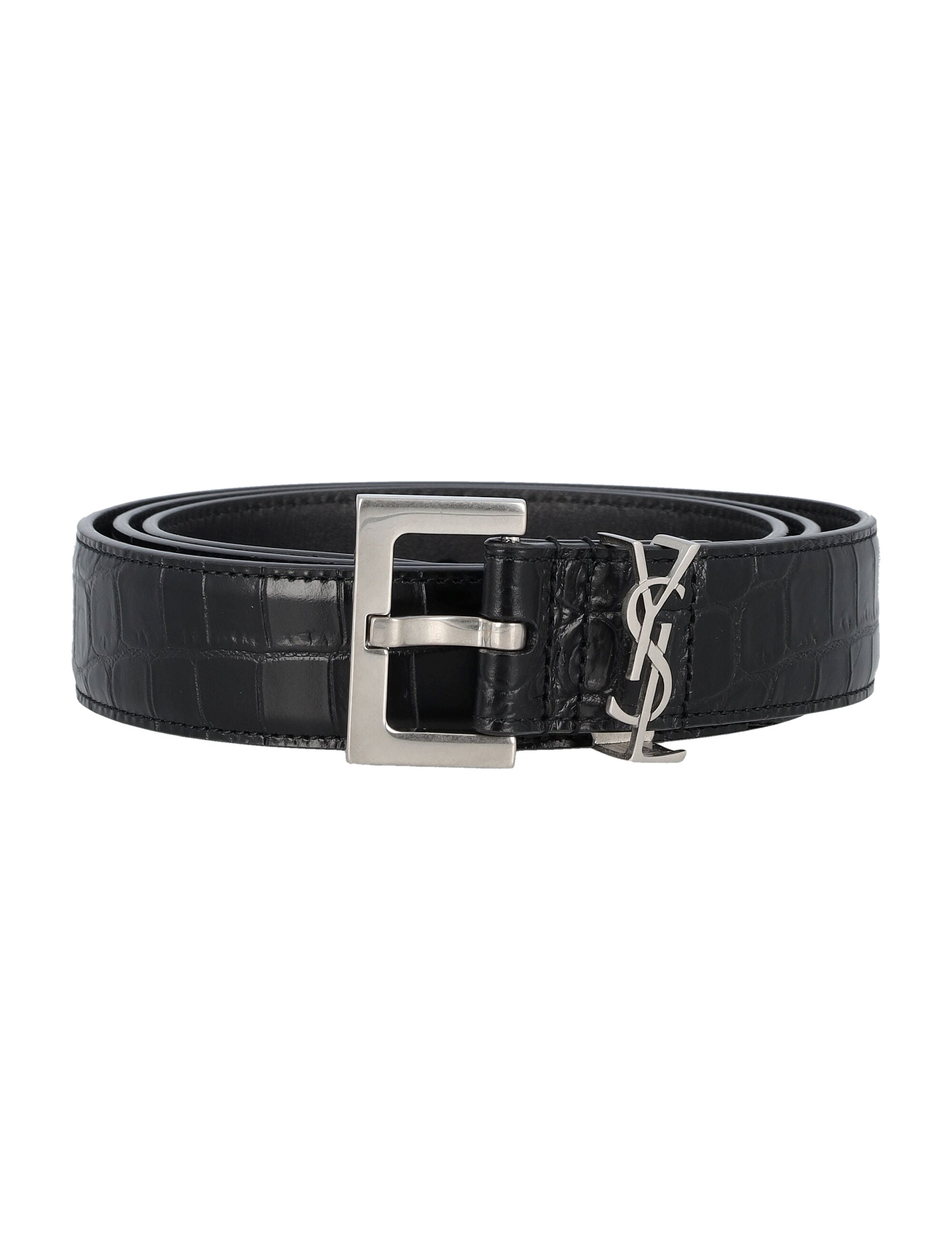 SAINT LAURENT Crocodile-Embossed Leather Belt with Adjustable Square Buckle - 3cm Height