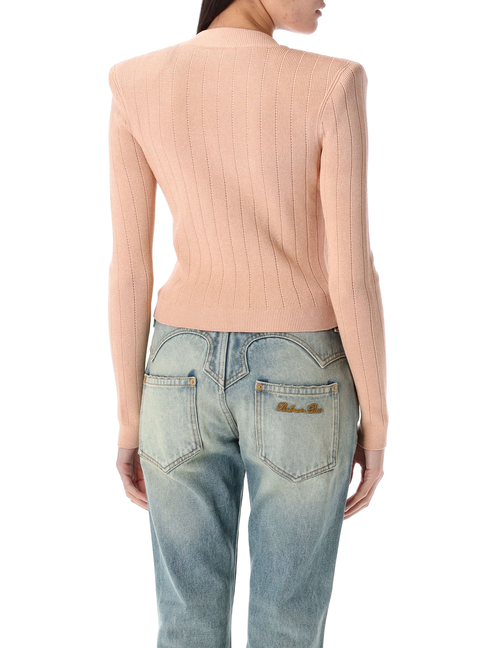 BALMAIN Gold Buttons Knit Cardigan with V-Neck and Shoulder Pads - Size 36