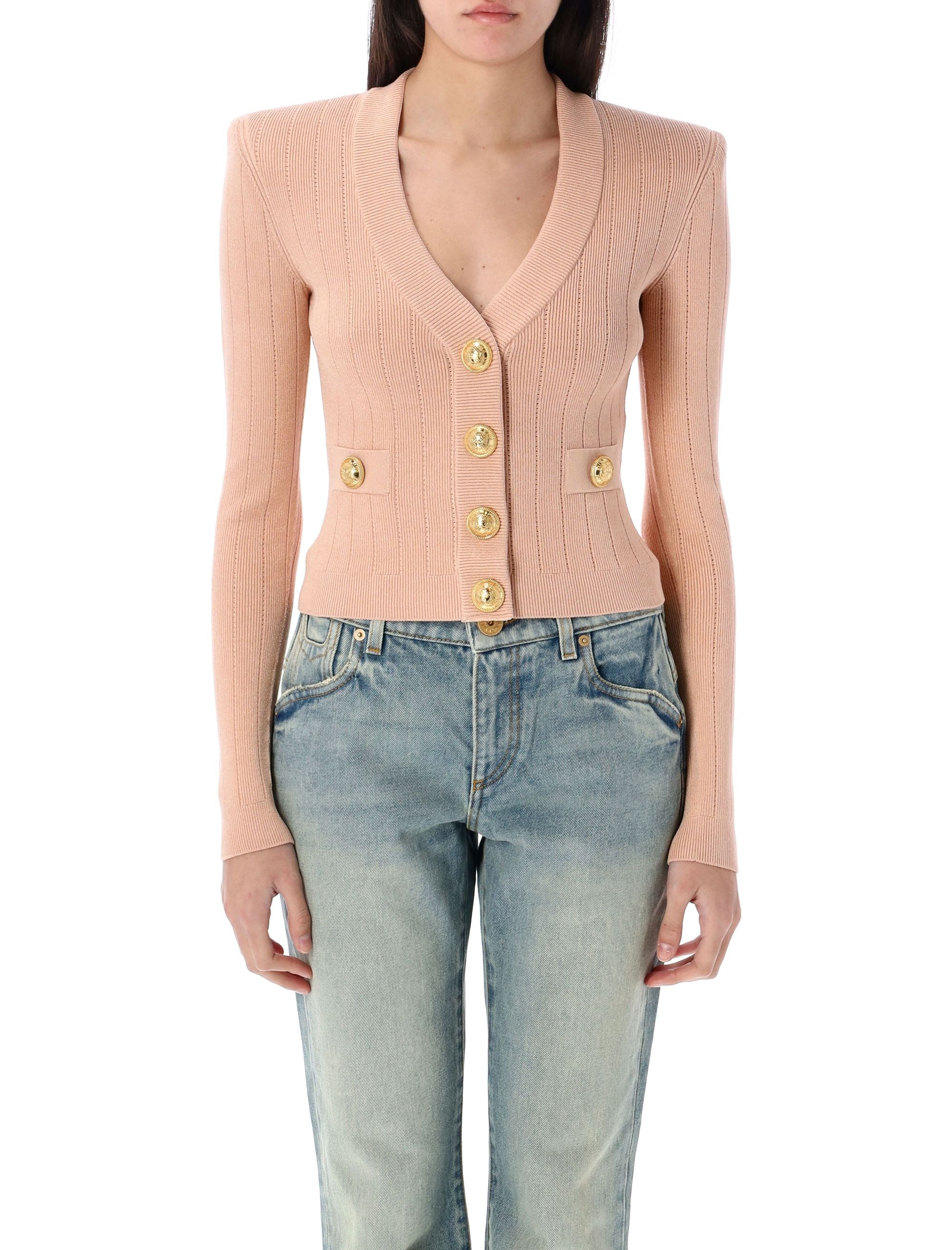 BALMAIN Gold Buttons Knit Cardigan with V-Neck and Shoulder Pads - Size 36