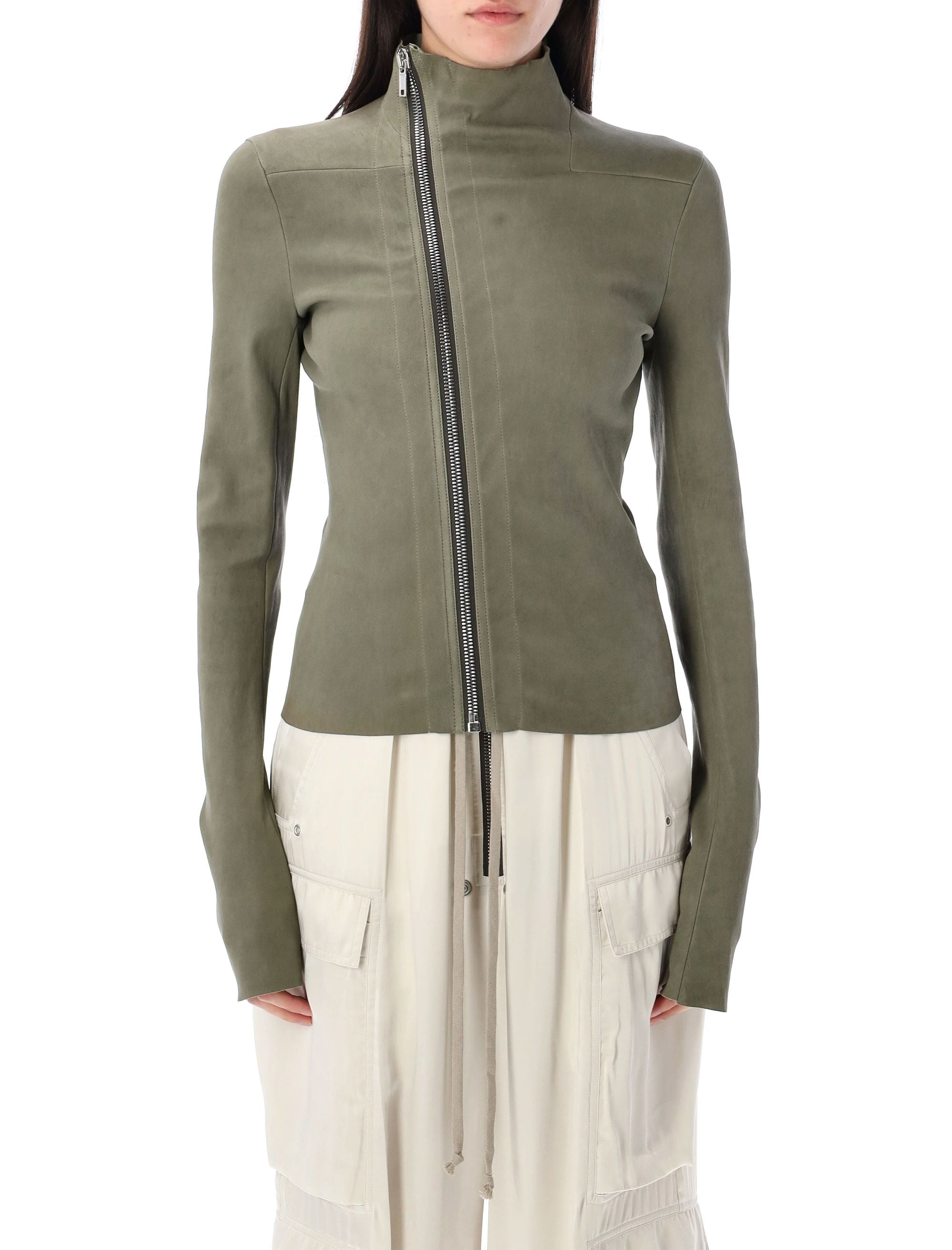 RICK OWENS Women’s Mini Leather Jacket with Asymmetrical Zip Closure - Size 42