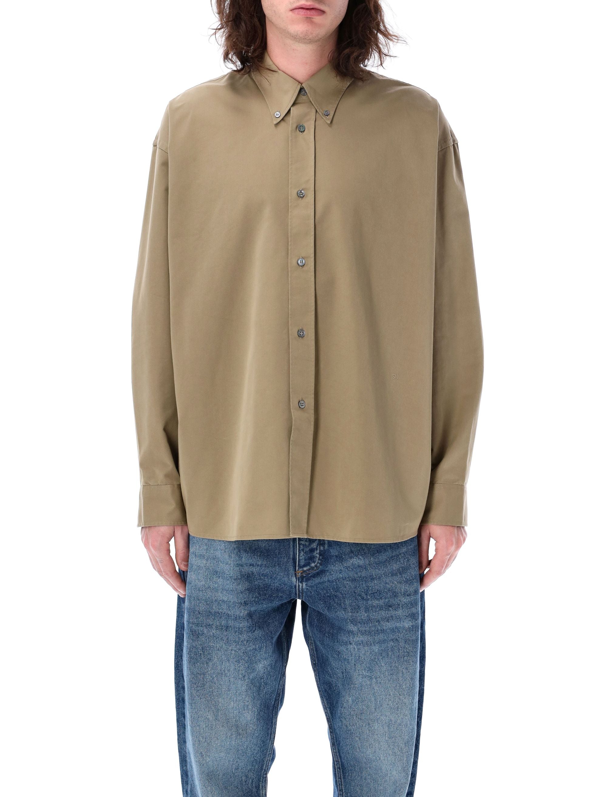 STUDIO NICHOLSON Men's Relaxed Fit Technical Twill Shirt with Button-Down Collar - Size L