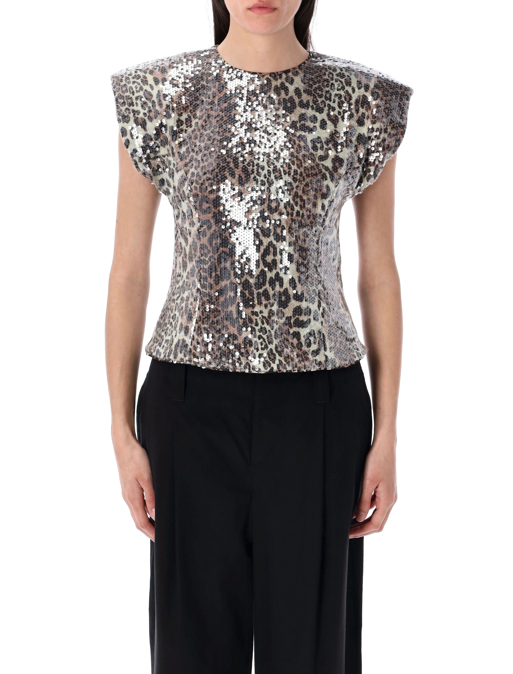 GANNI Leopard Print Sequined Top - Size 36