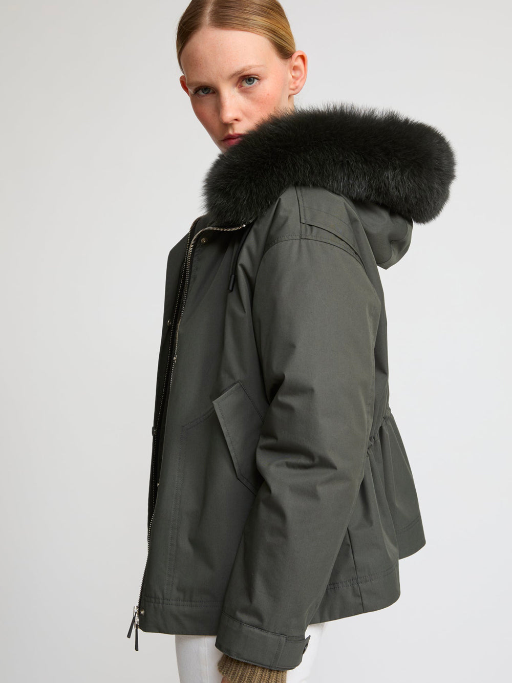 YVES SALOMON Short Parka Jacket with Fox and Rabbit Fur for Women