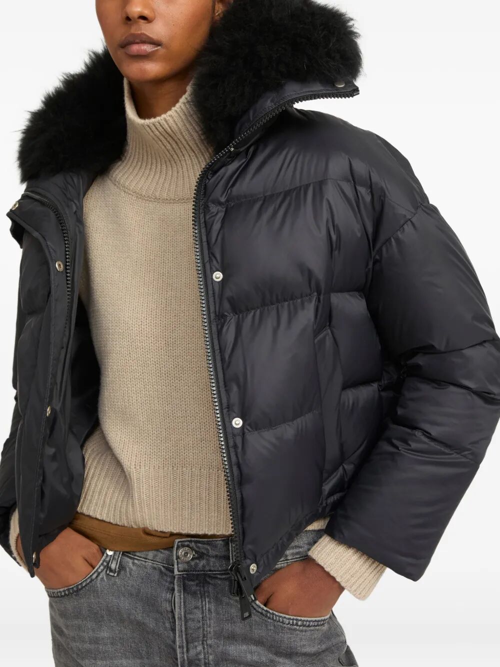 YVES SALOMON Short Down Jacket with Fluffy Lambswool Trim