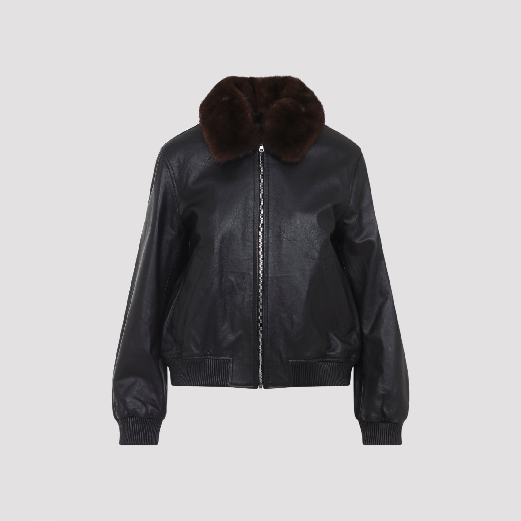 YVES SALOMON Leather Jacket with Detachable Mink Collar