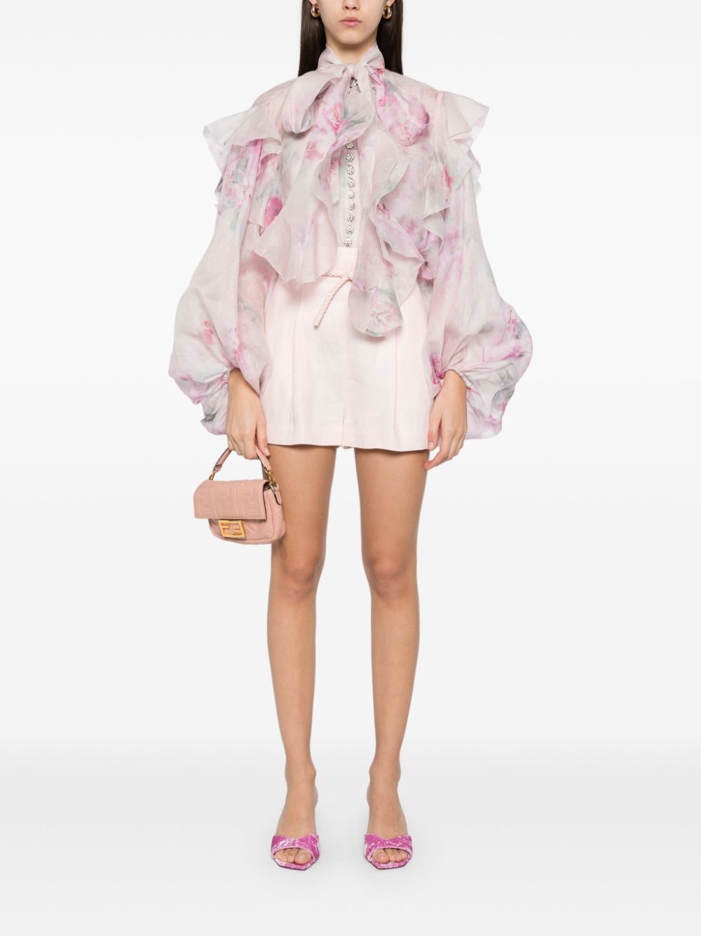 ZIMMERMANN Floral Crush Tie Neck Ruffle Blouse