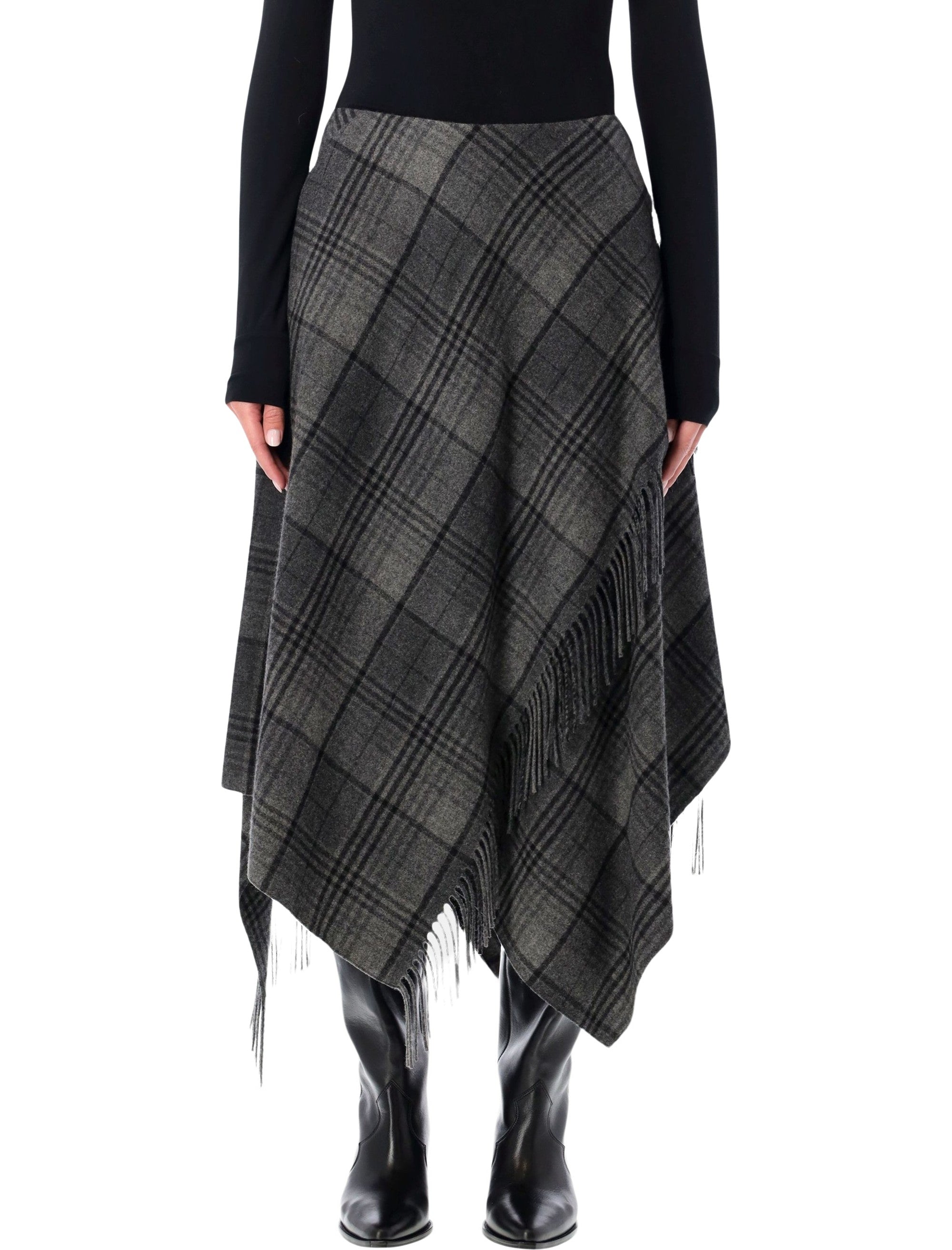 RALPH LAUREN Plaid Wool Midi Skirt with Faux Wrap Overlay - Size 4