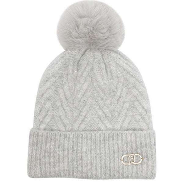 LIU JO Chevron Pattern Ribbed Brim Hat with Pompom Detail