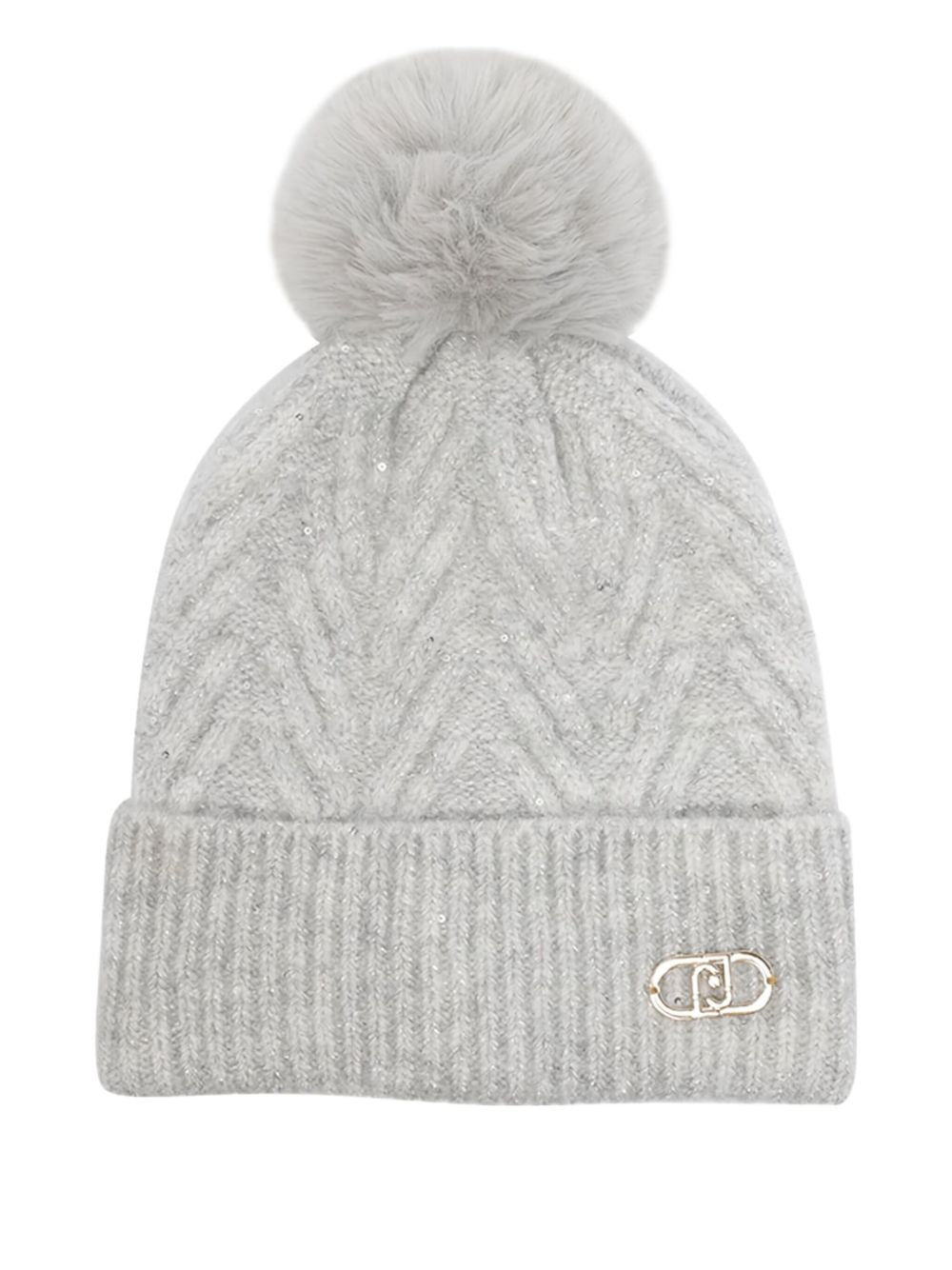 LIU JO Chevron Pattern Ribbed Brim Hat with Pompom Detail