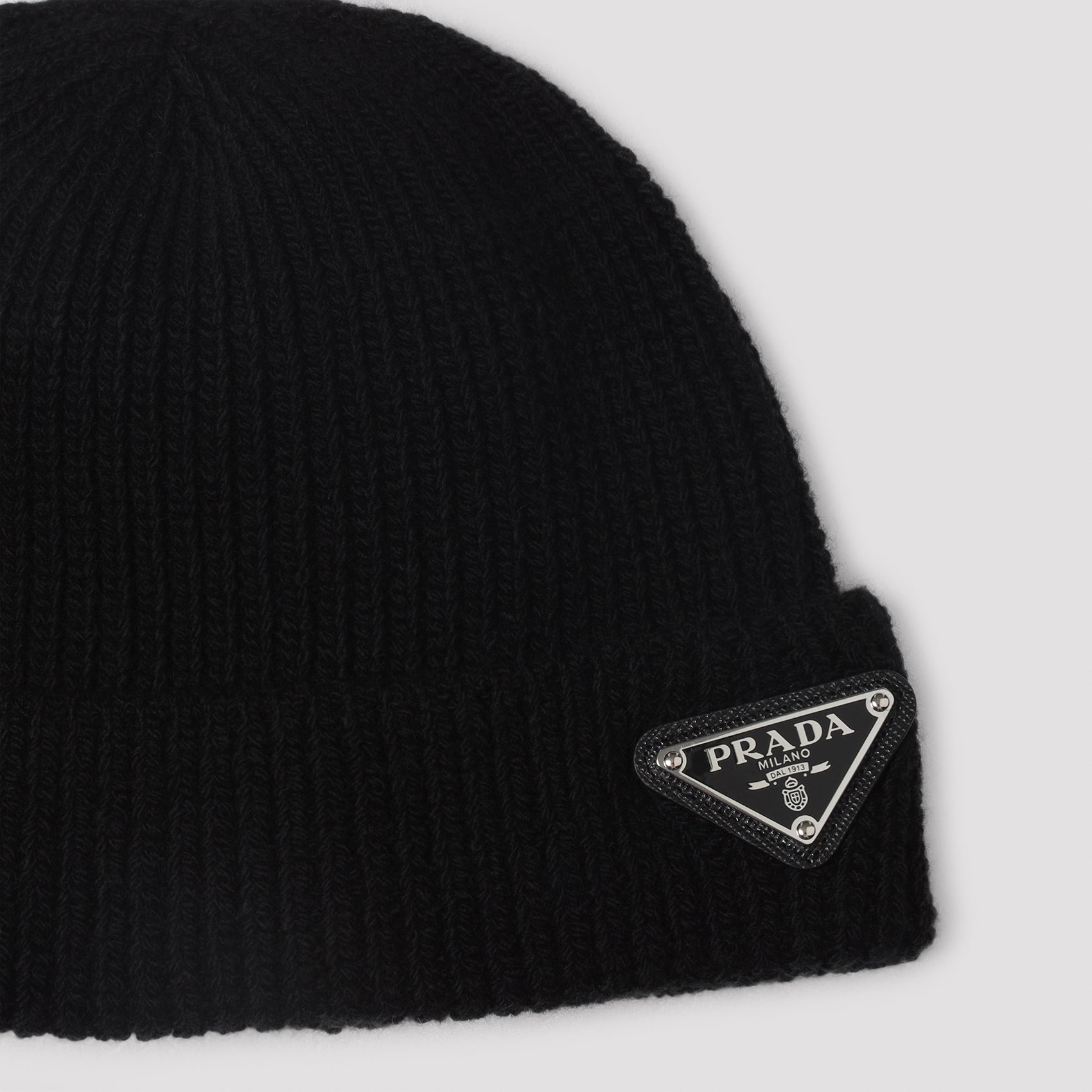 PRADA Ribbed Wool and Cashmere Beanie with Triangle Logo