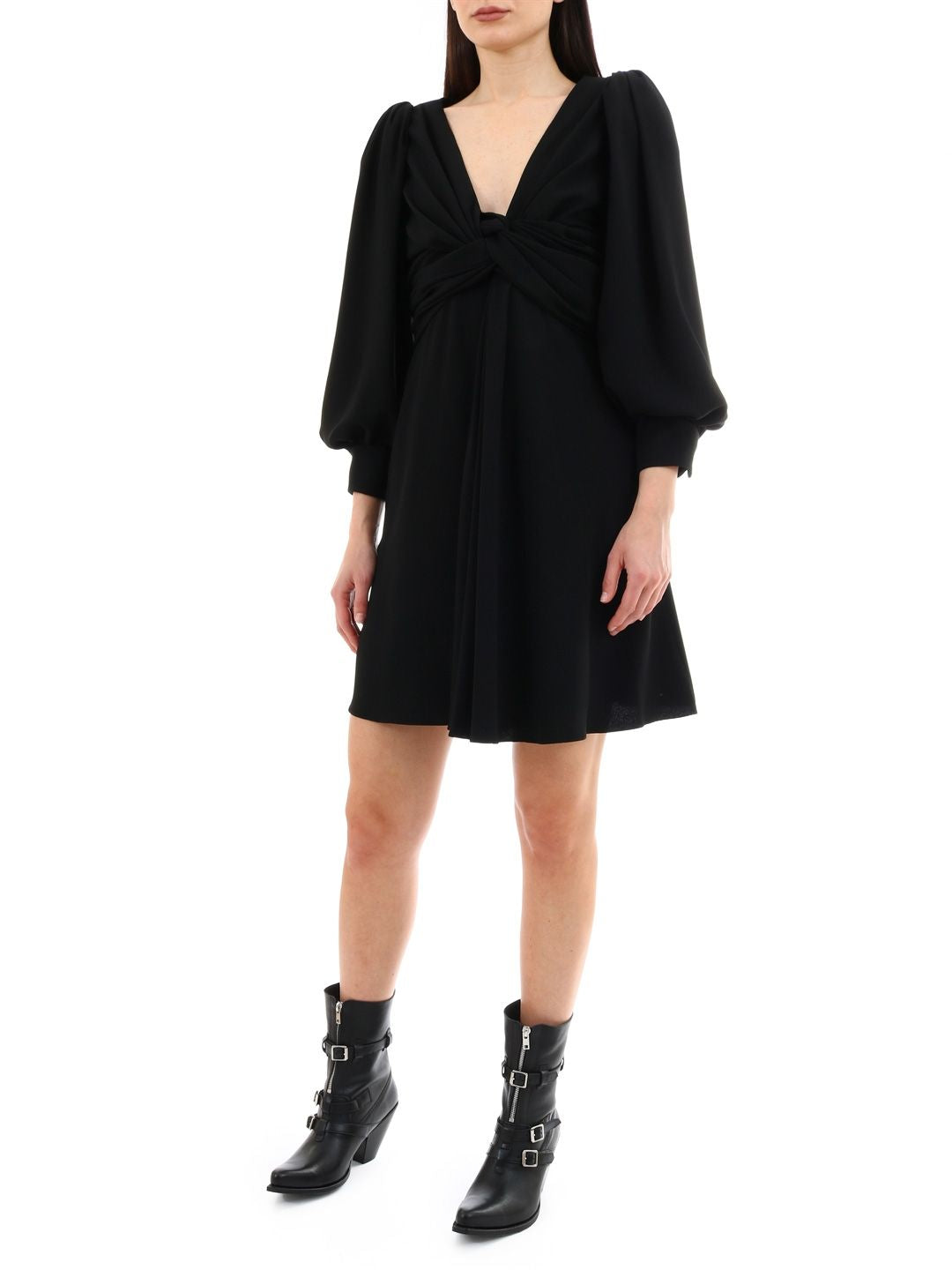 CELINE Elegant V-Neck Mini Wrap Dress with Long Sleeves