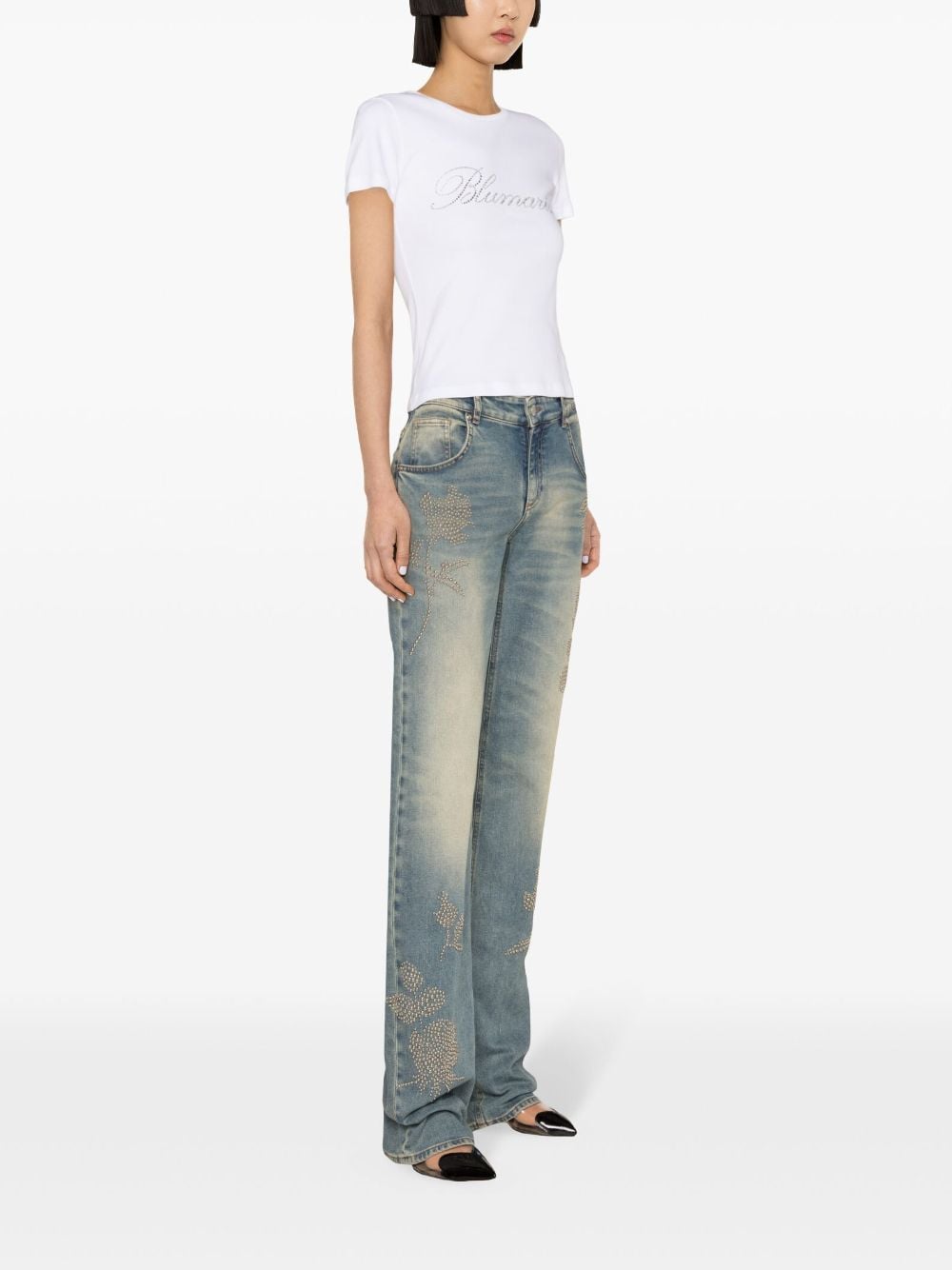 BLUMARINE Rhinestone Logo Cotton T-Shirt