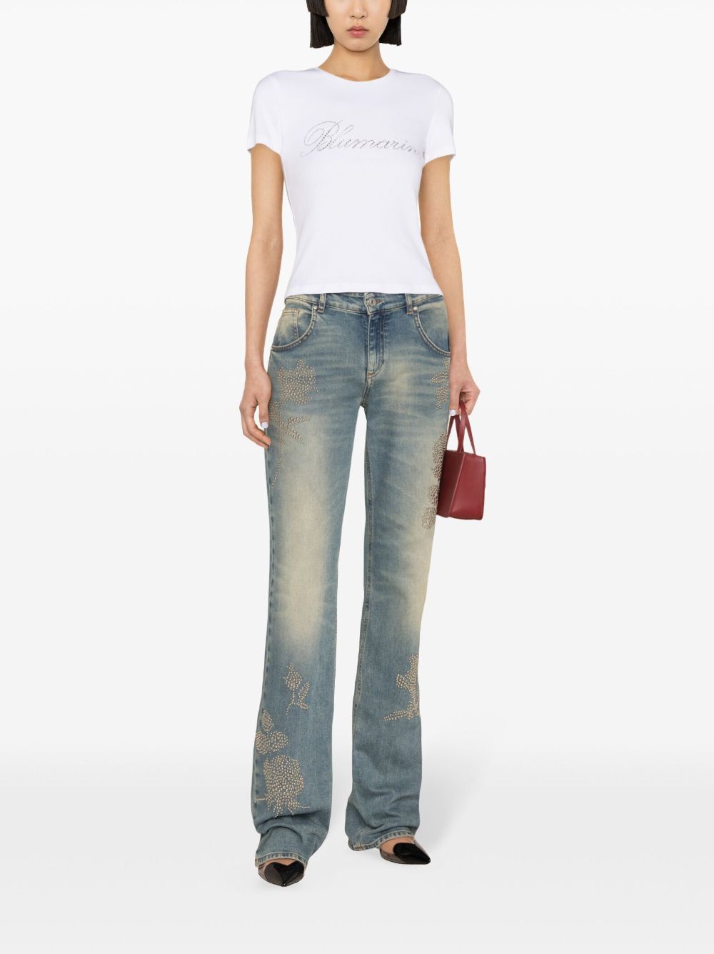 BLUMARINE Rhinestone Logo Cotton T-Shirt