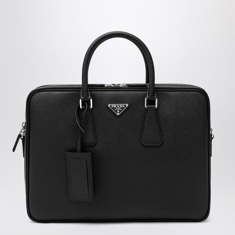 PRADA Saffiano Leather Work Handbag with Double Zipper Closure