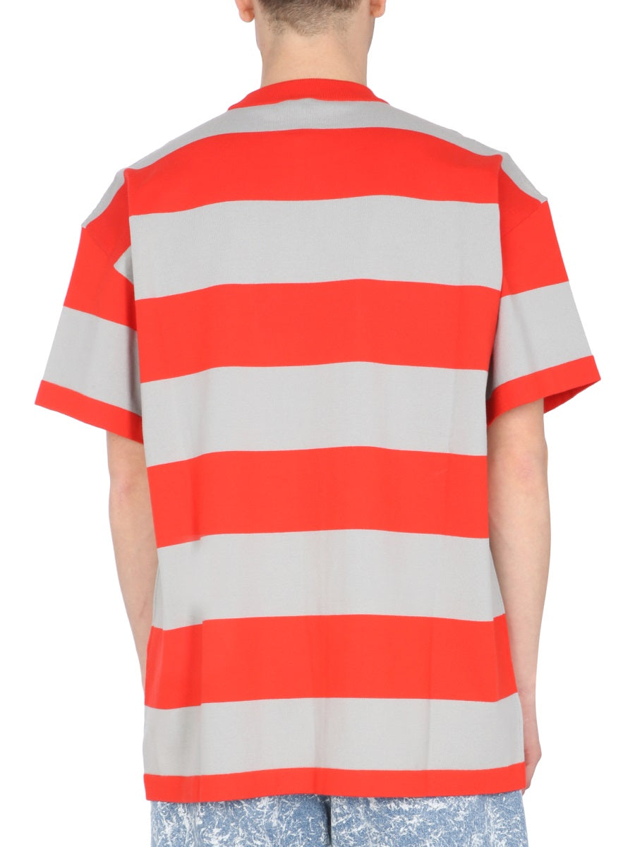 MSGM Embroidered Logo Crew Neck Bicolor Striped T-Shirt