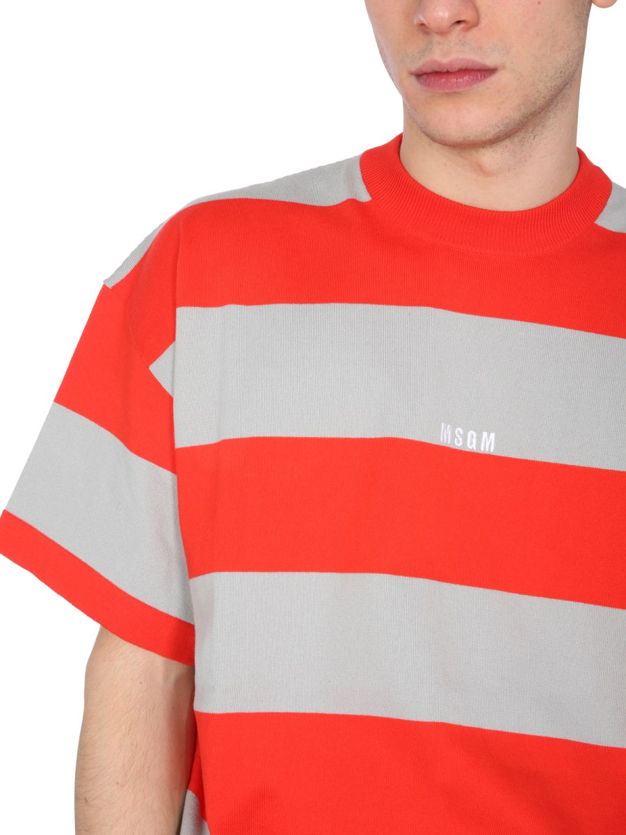 MSGM Embroidered Logo Crew Neck Bicolor Striped T-Shirt