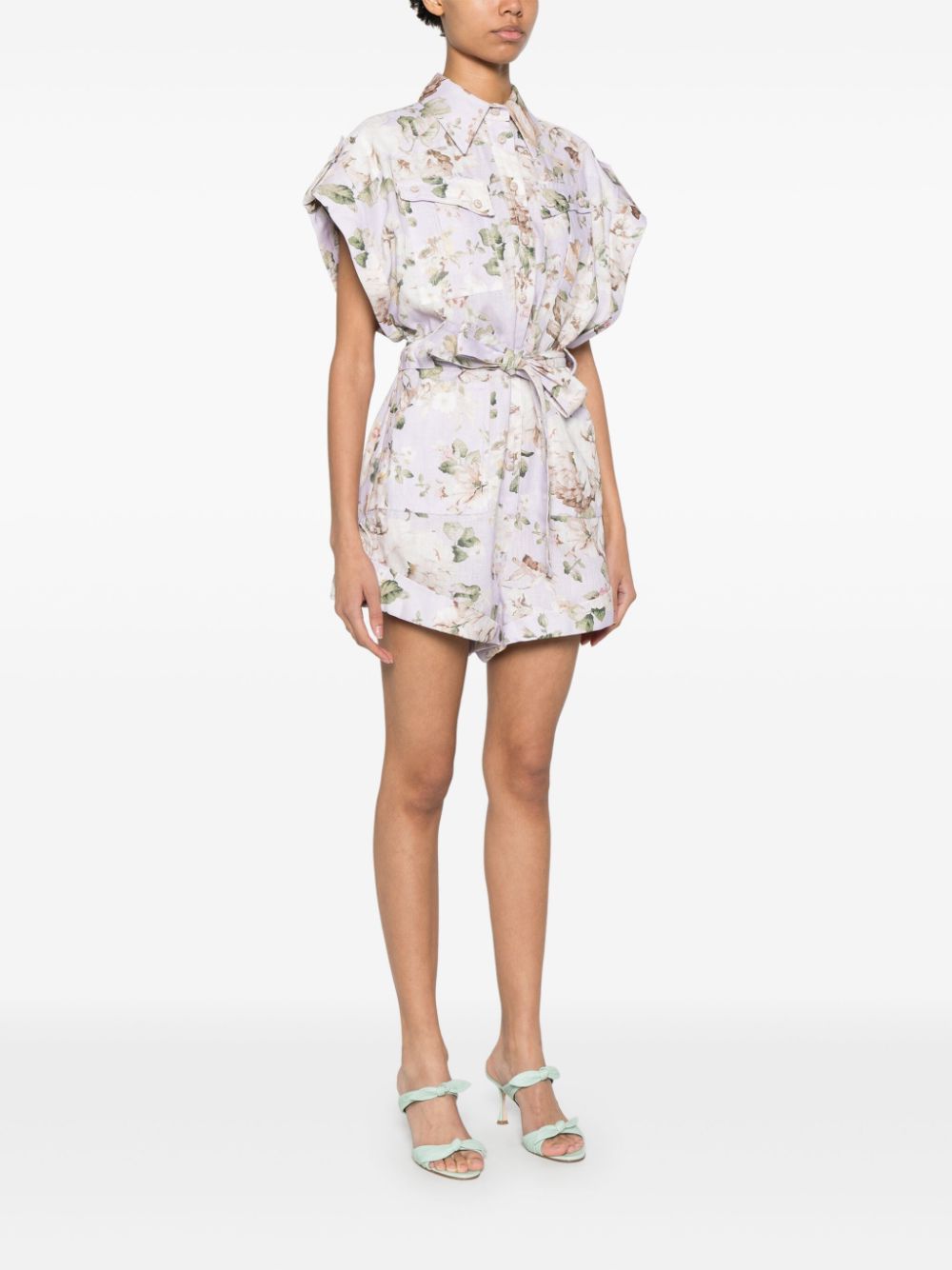 ZIMMERMANN Floral Printed Linen Playsuit with Belted Waist - Thigh Length