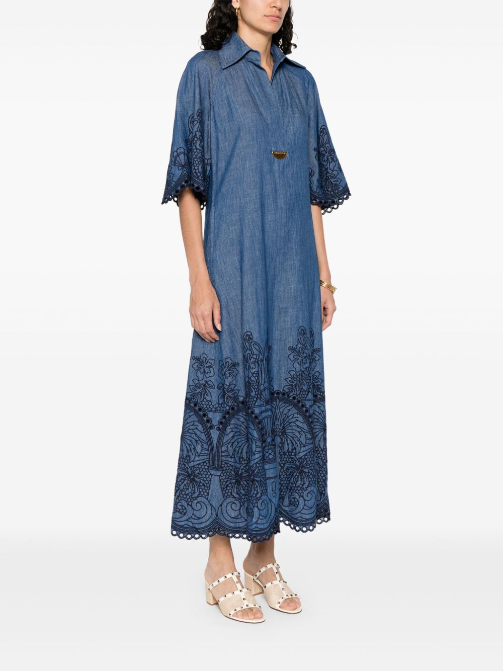 ZIMMERMANN Embroidered Denim Dress with Half-Length Sleeves