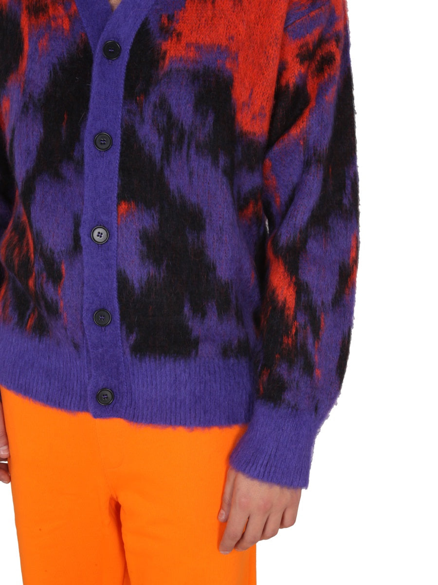 MSGM Men's V-Neck Cardigan with Ribbed Collar and Cuffs