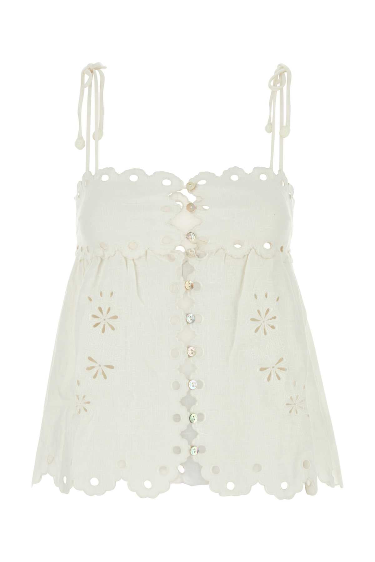 FARM RIO Linen Floral Blouse with Sleeveless Design