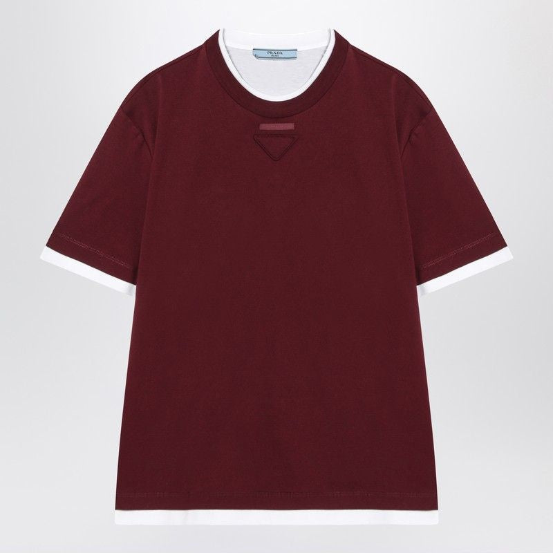 PRADA Amaranth Cotton T-Shirt with Ribbed Crew Neck