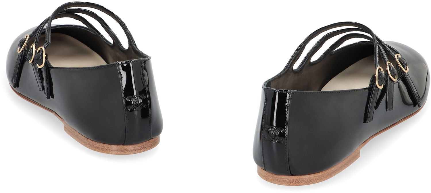CELINE Leather Ballet Flats with Gold Buckle Straps