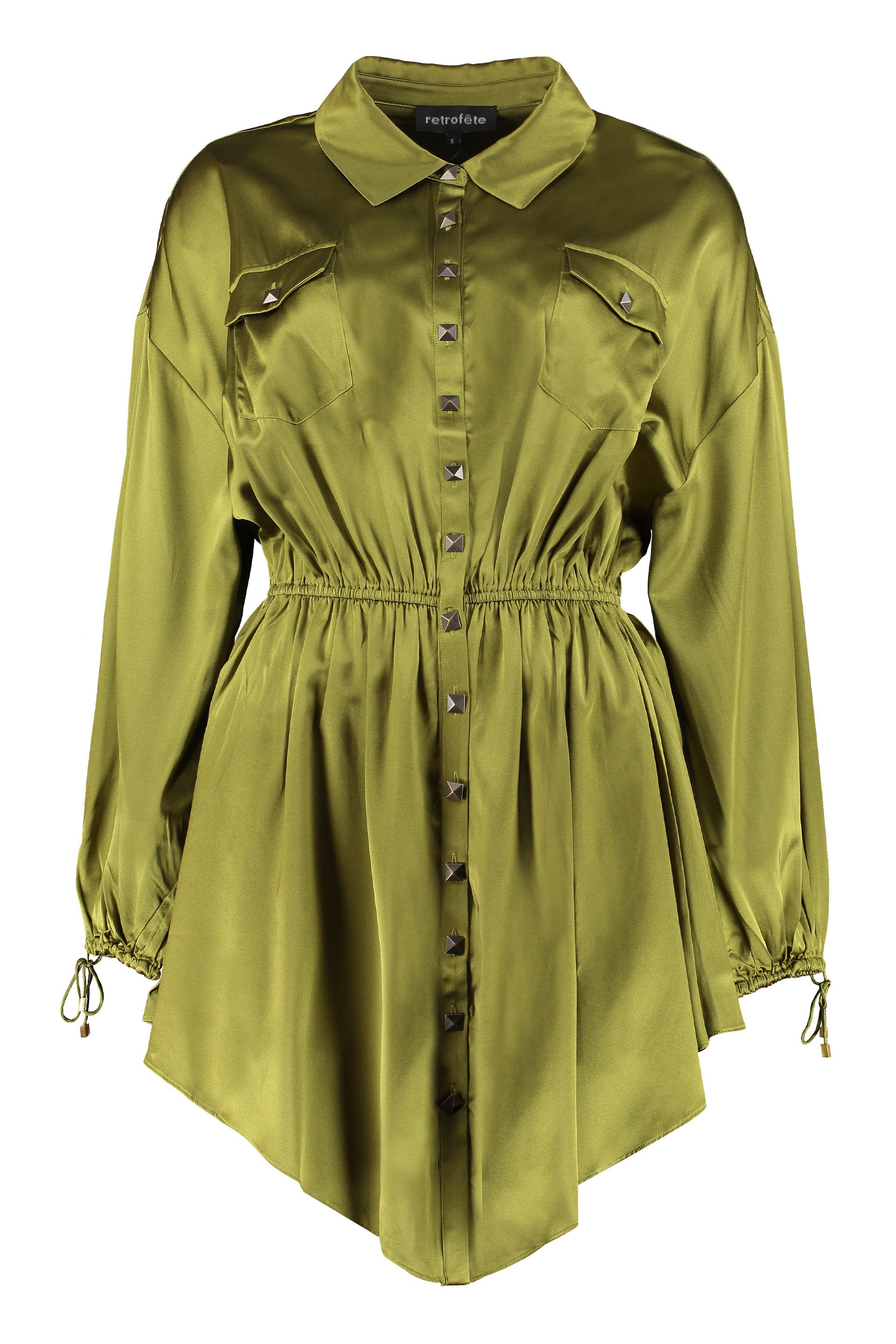 RETROFETE Silk Shirtdress with Lace-Up Cuffs and Elastic Waistband
