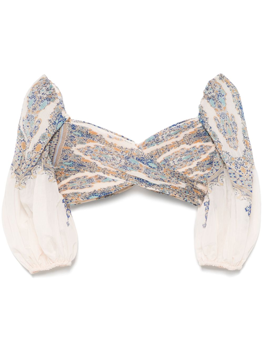 ZIMMERMANN Printed Crossover Neck Top with Balloon Sleeves