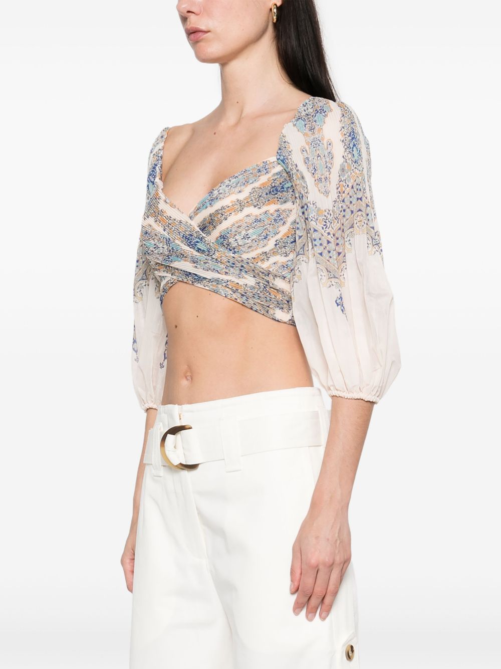 ZIMMERMANN Printed Crossover Neck Top with Balloon Sleeves
