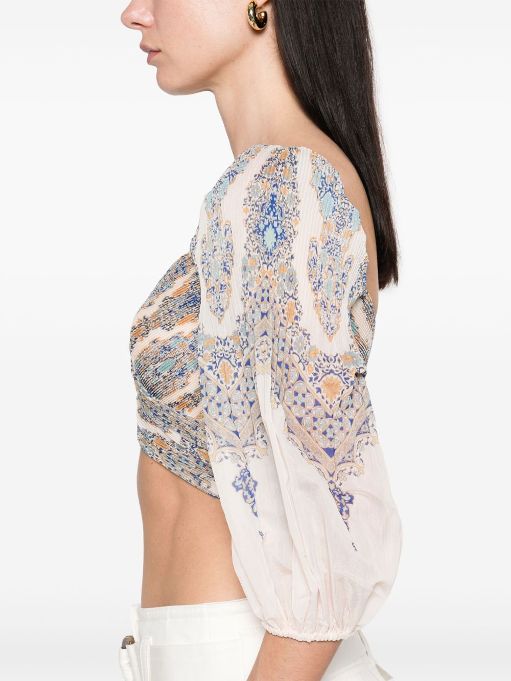 ZIMMERMANN Printed Crossover Neck Top with Balloon Sleeves
