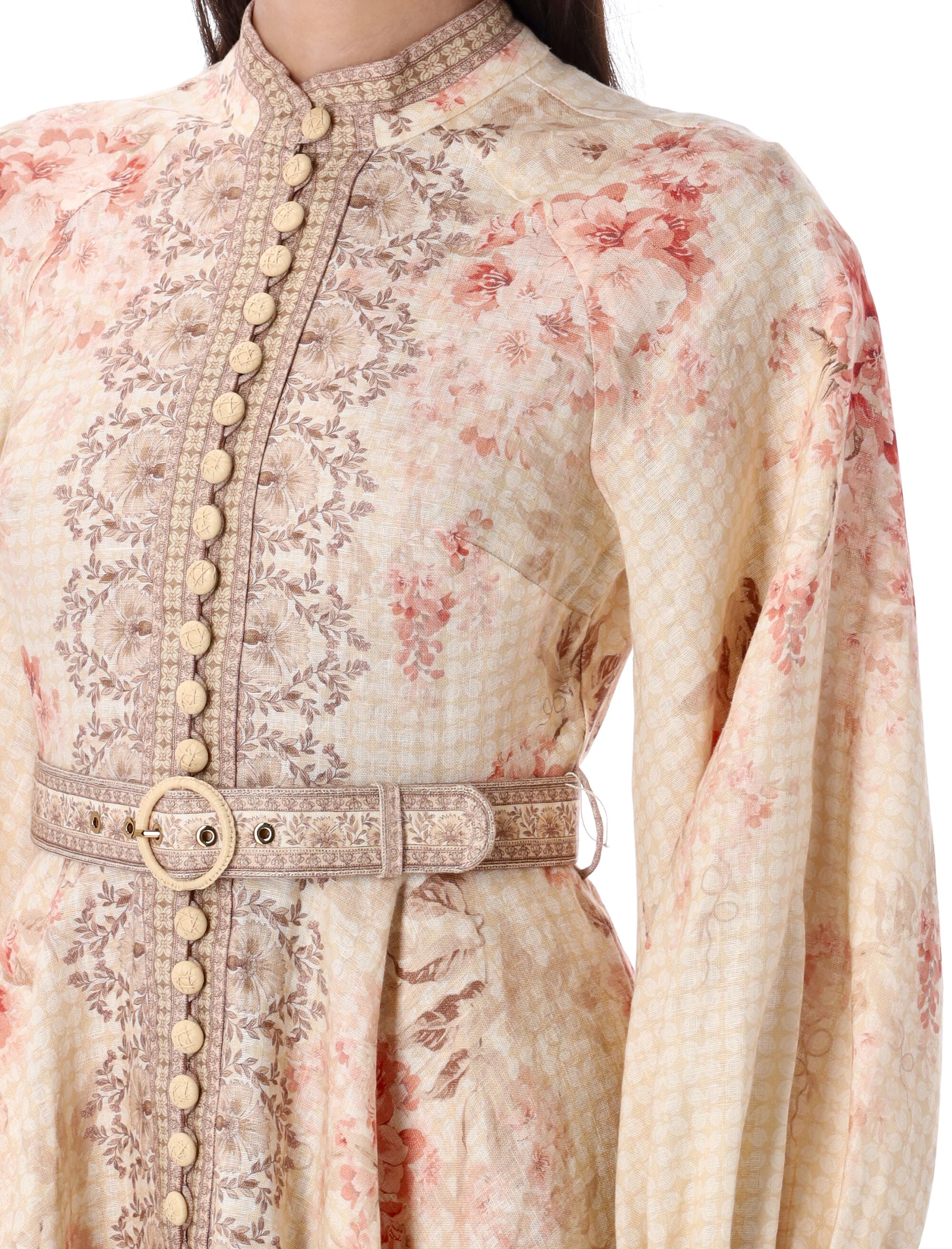 ZIMMERMANN Buttoned Mini Dress with Stand Collar and Blouson Sleeves