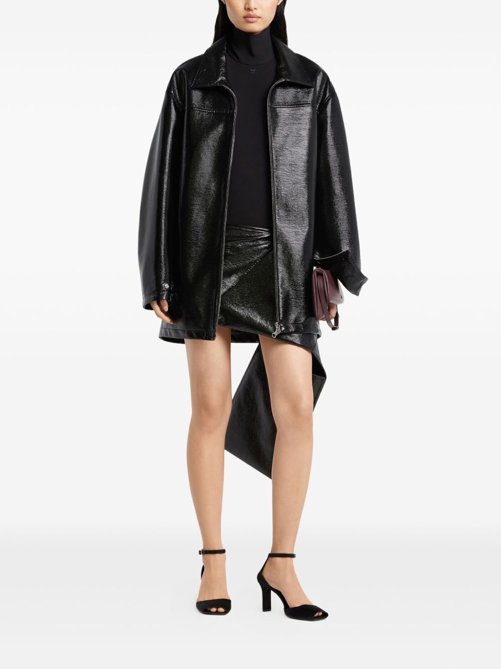 COURREGÈS Women's Vinyl Bomber Jacket with Zip Fastening and Dropped Shoulders