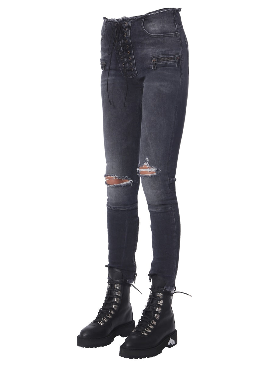 Unraveled Skinny Fit Jeans with Front Lace Closure