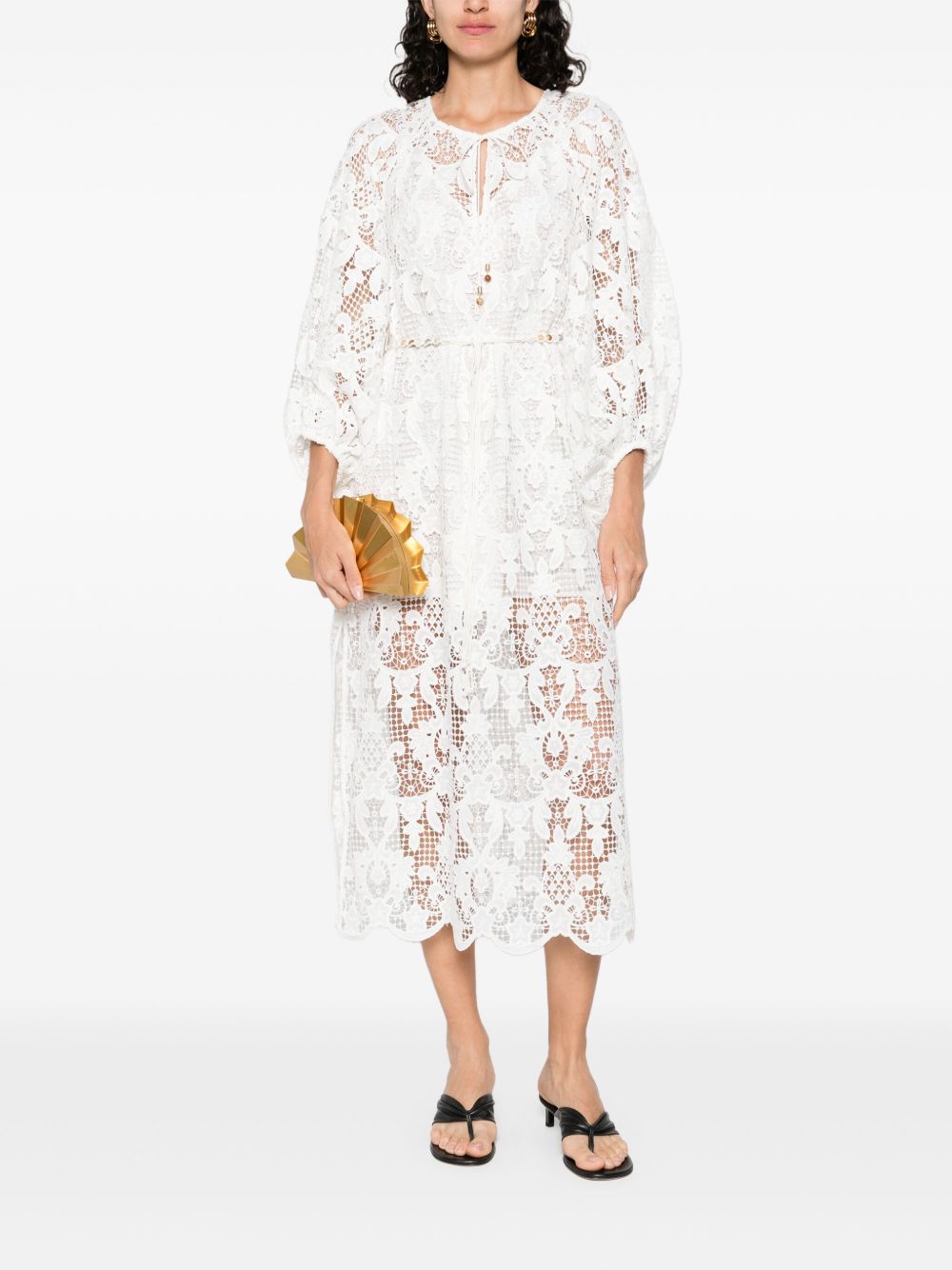 ZIMMERMANN Lace-Up Midi Dress with Puff Sleeves