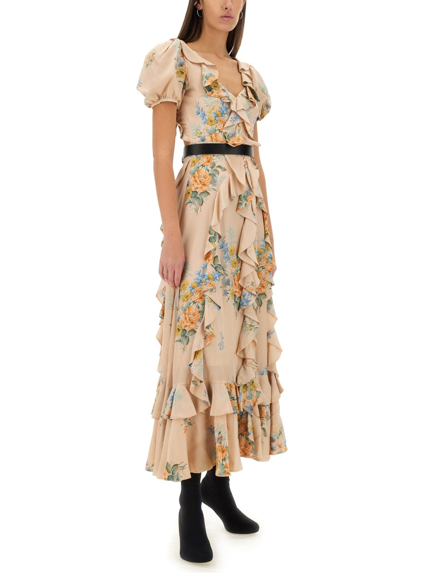 ALEXANDER MCQUEEN Floral Print Ruched Silk Dress with V Collar and Puff Sleeves