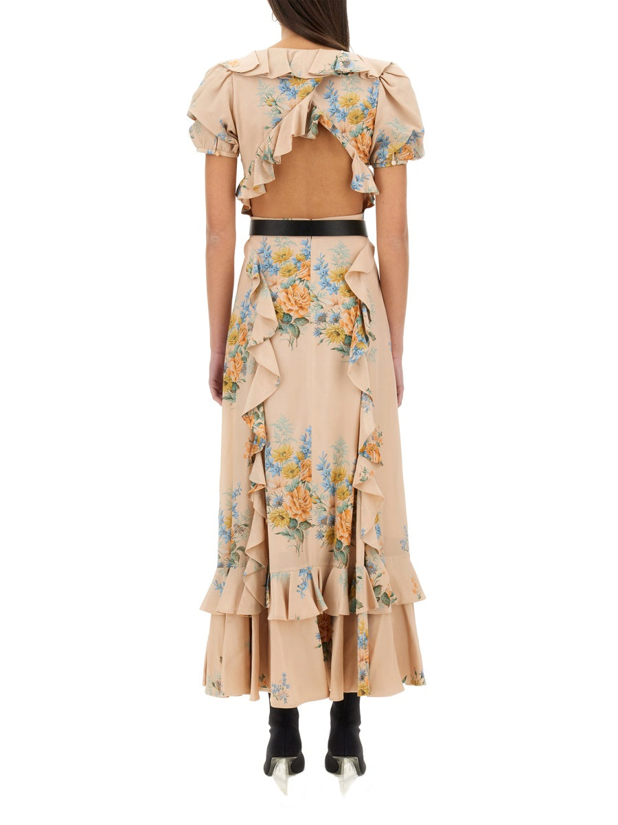ALEXANDER MCQUEEN Floral Print Ruched Silk Dress with V Collar and Puff Sleeves