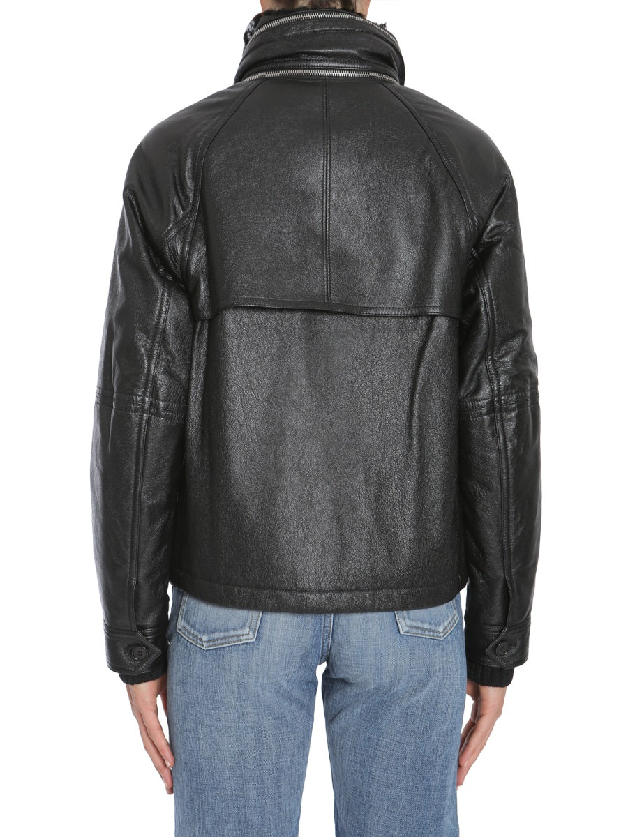 SAINT LAURENT Leather Bomber Jacket with Resealable Hood