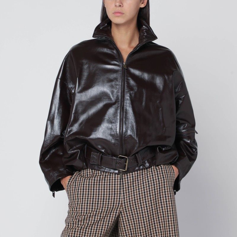 SALVATORE SANTORO Shiny Leather Bomber Motorcycle Jacket
