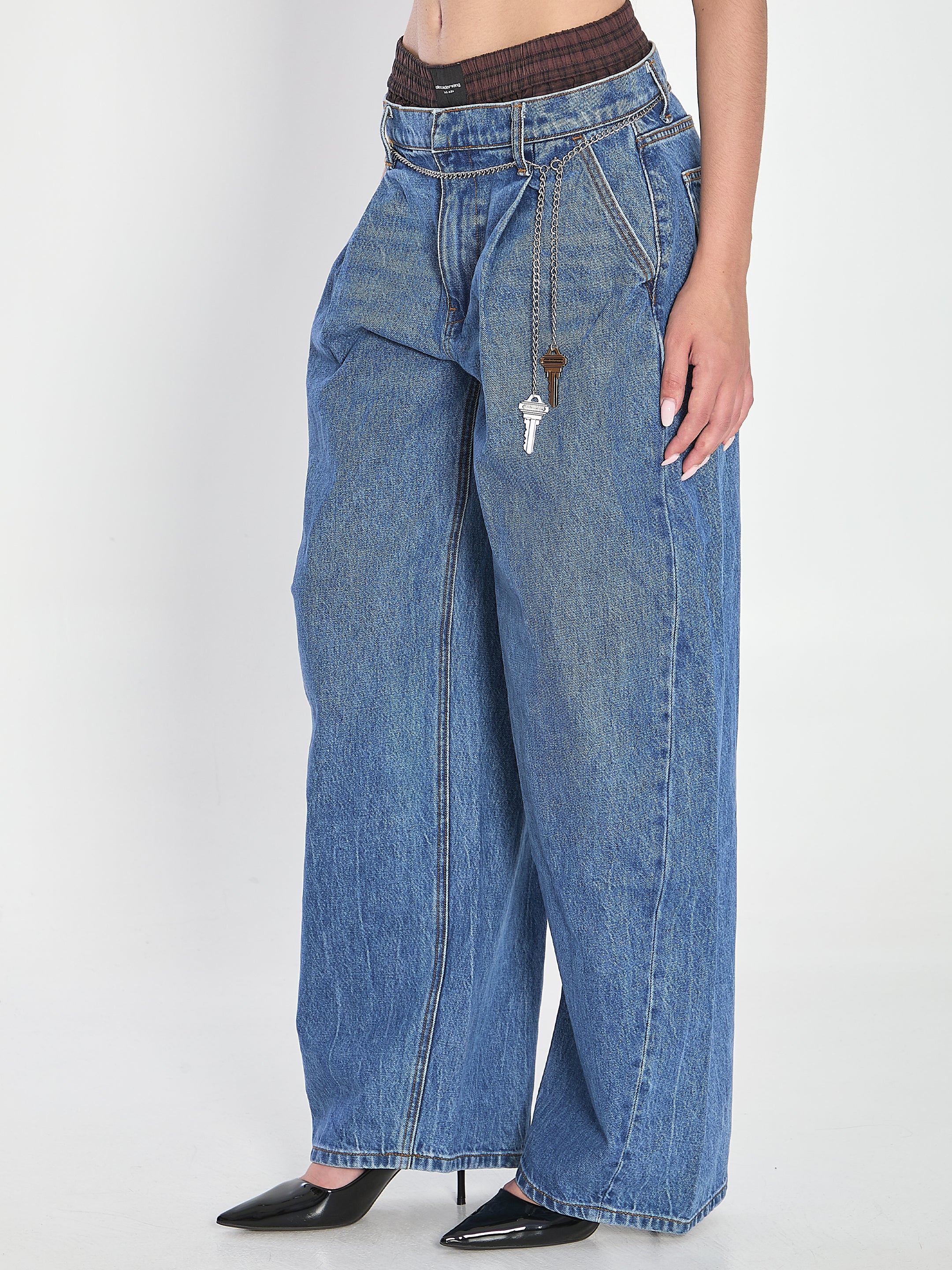 ALEXANDER WANG Wide-Leg Pleated Denim Jeans with Chain Belt