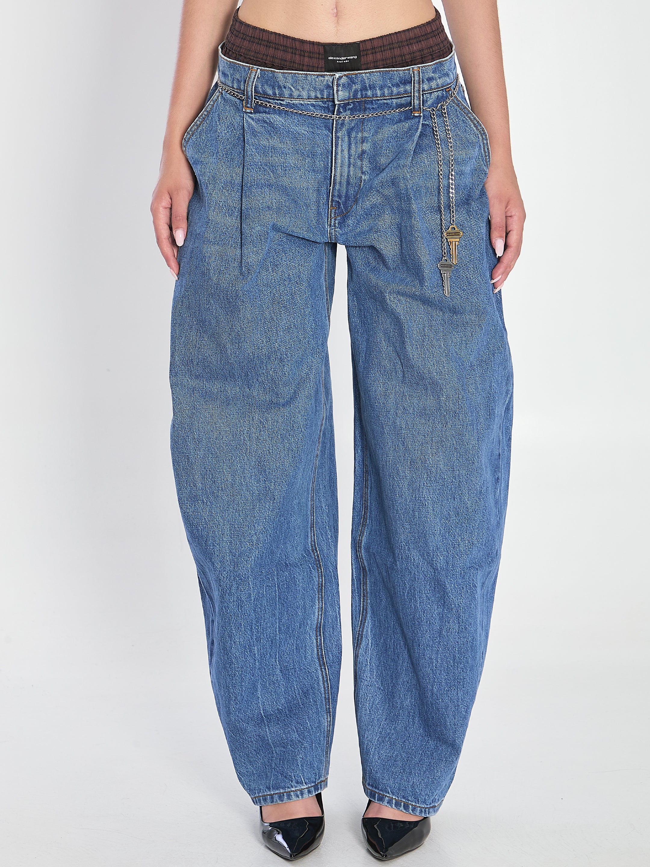 ALEXANDER WANG Wide-Leg Pleated Denim Jeans with Chain Belt
