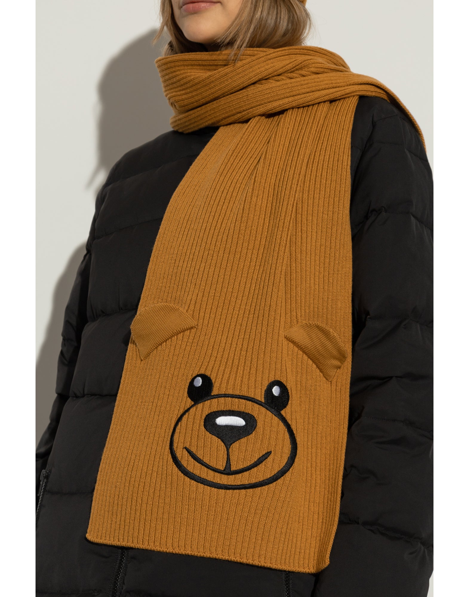 MOSCHINO COUTURE Teddy Bear Embroidered Knit Scarf 180x25 cm