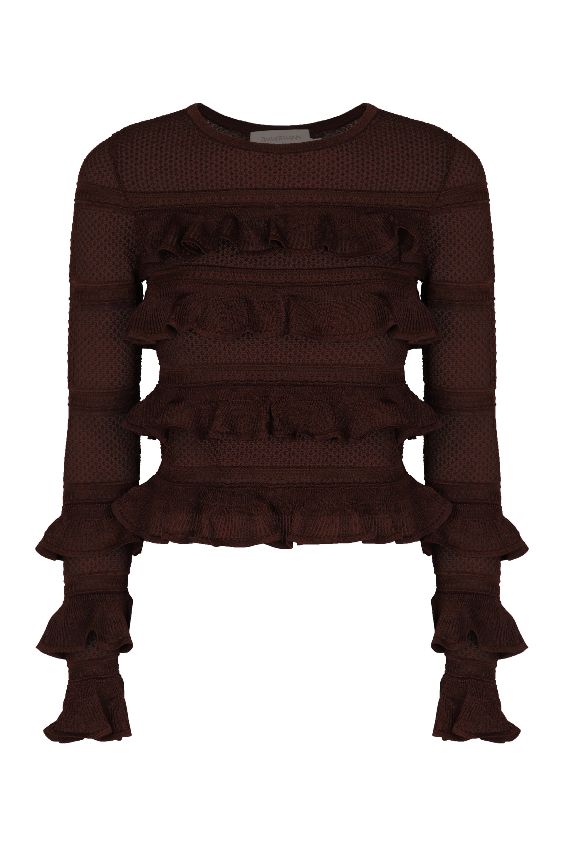 ZIMMERMANN Long Sleeve Cropped Knit Top with Ruffles