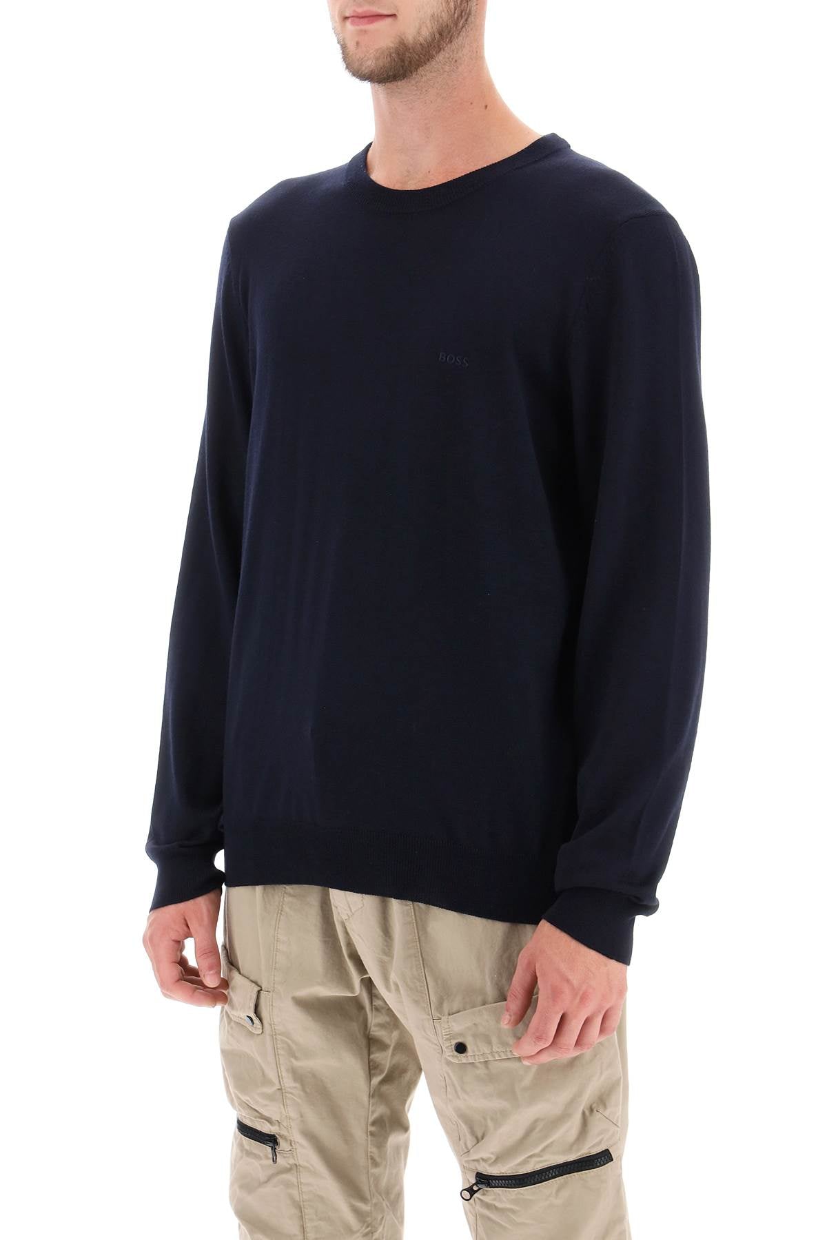 BOSS Men's Virgin Wool Sweater - Tone on Tone Embroidery