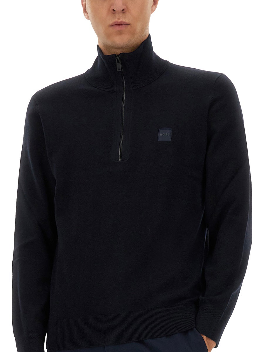 BOSS Men's Zippered Sweater with Logo Patch - Size L