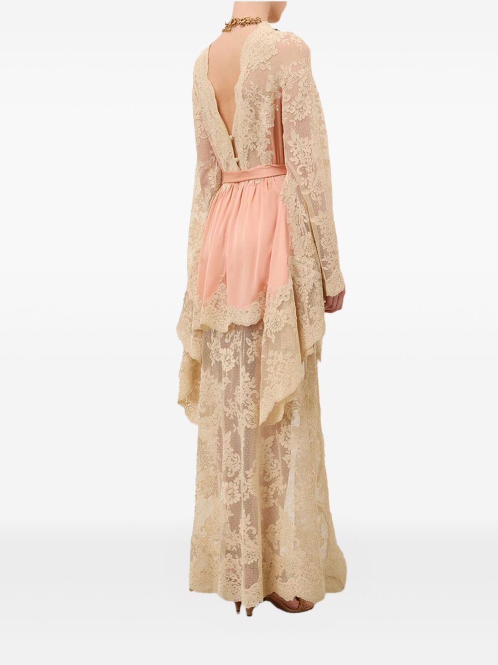 ZIMMERMANN Silk Long Dress with High Lace Neckline and Self-Tie Waist