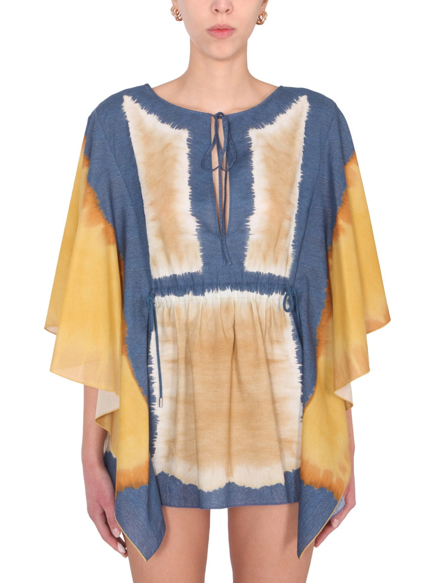 ALBERTA FERRETI V-Neck Tie-Dye Print Caftan with Bow Detail
