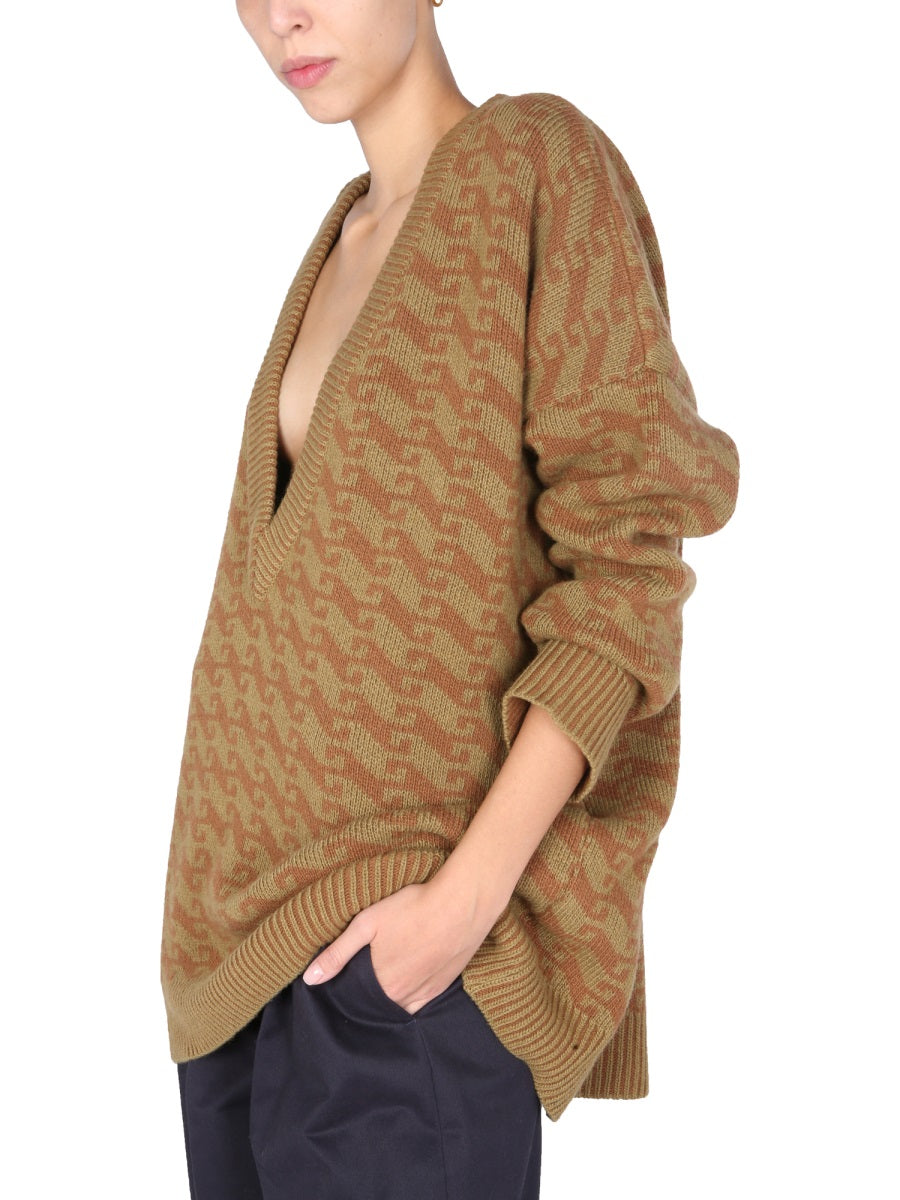 JEJIA Oversized V-Neck Jacquard Sweater